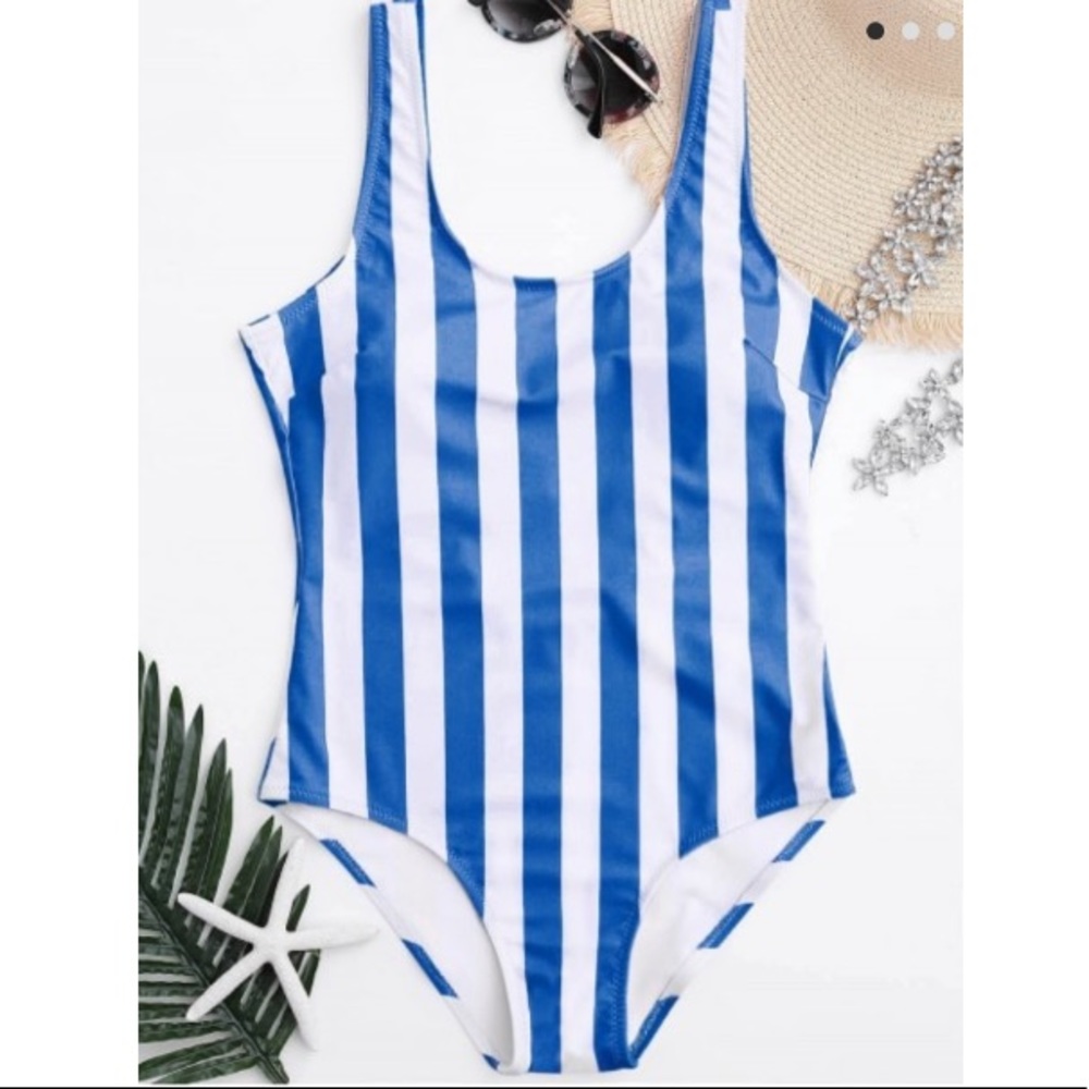 Blue and white striped one piece bathing suit